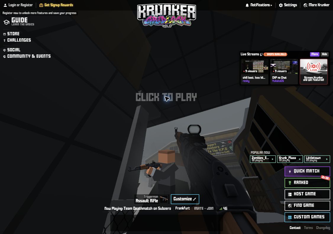 A real Krunker match running in the browser on Subzero